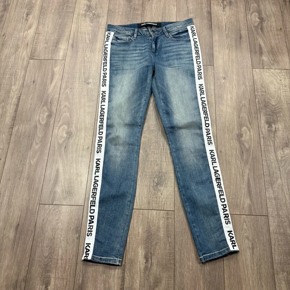 Karl Lagerfeld Paris Skinny Logo Taping Mid Rise Jean Size 6 Modern Lux Chic - Picture 3 of 8